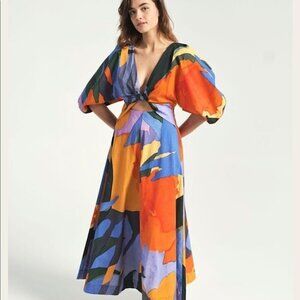 Mara Hoffman Lelia Multicolor Abstract Print Plunge Puff Sleeve Cotton Dress 0